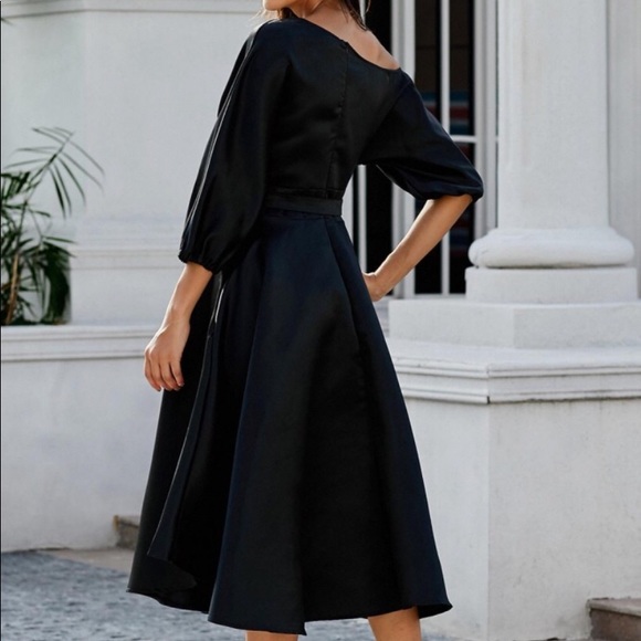 Black One-Shoulder Waist Cincher Puffy Party Dress - Picture 3 of 4